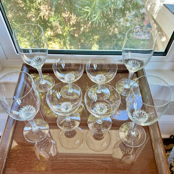 Vintage Twisted Stem Crystal American Cut Roberto Water & Coupe Glasses Set 8 - Picture 15 of 15